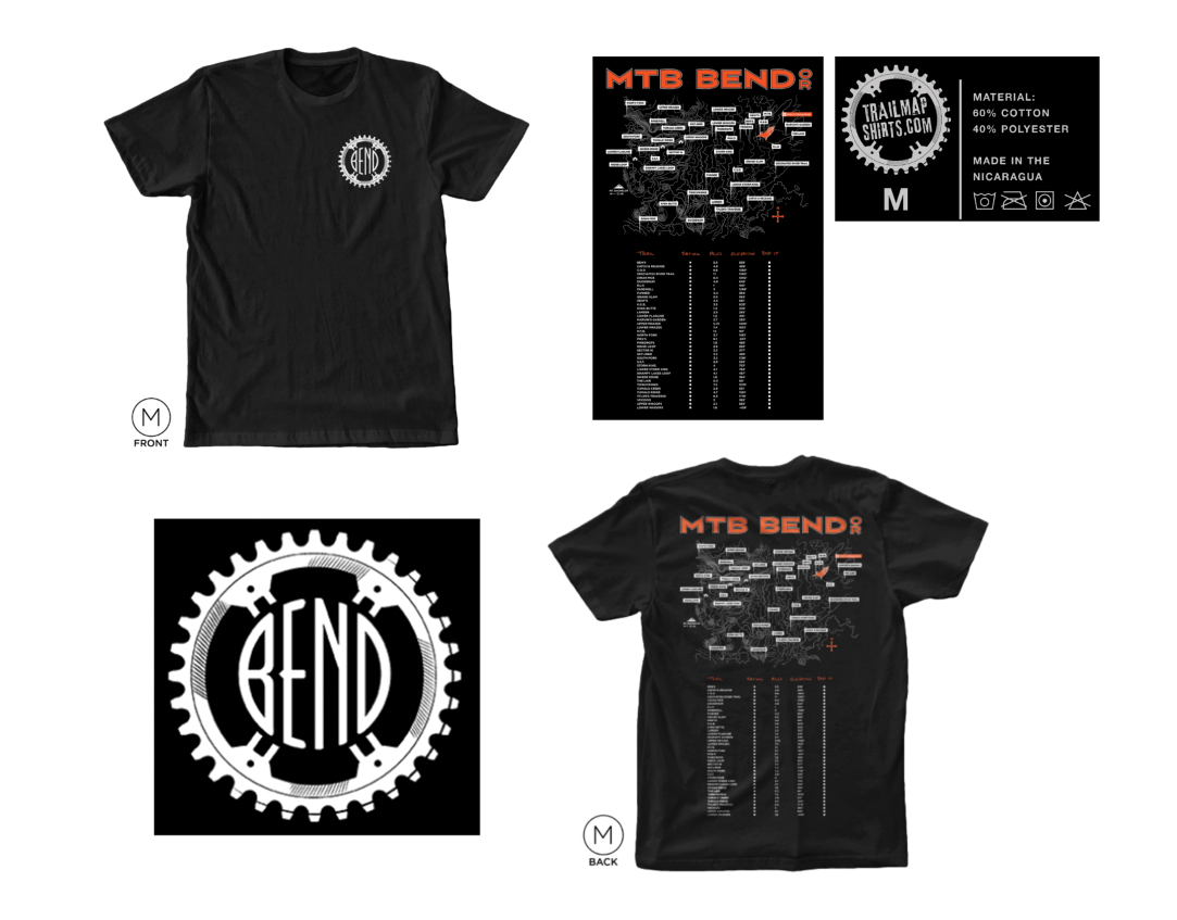 Portfolio picture showing Men's Bend, Oregon mountain bike trail map tshirt front, back with detail on the Bend chainring logo, and map of Phil's trail.  Black and Orange.  Men's ring spun cotton blend tshirt.